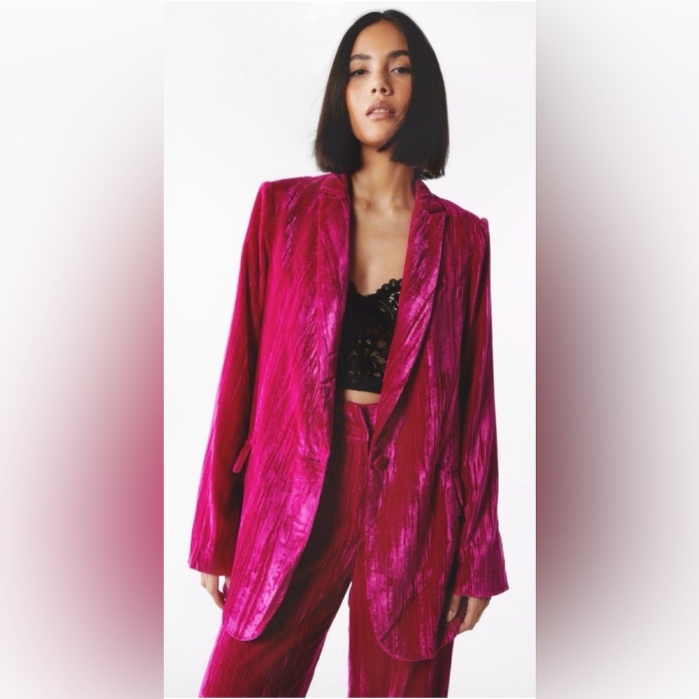 Nasty Gal Fuchsia Crushed Velvet Oversized Blazer - Pink - Picture 1 of 11